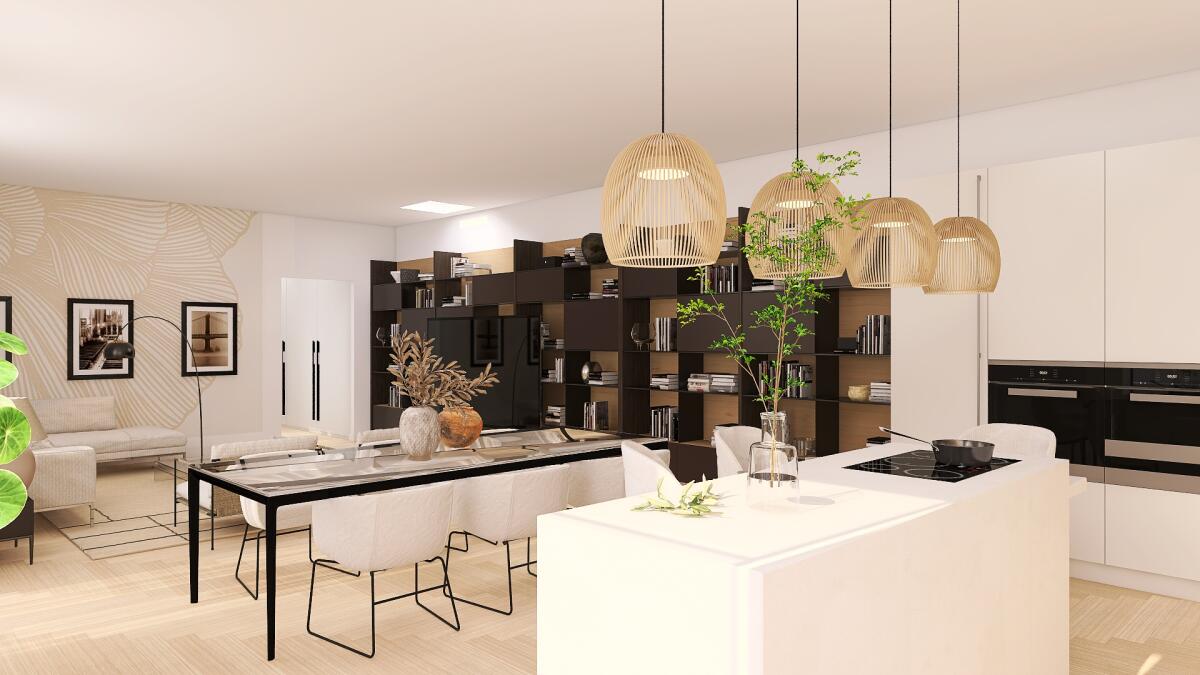 Render ipotesi di progetto, soggiorno e cucina