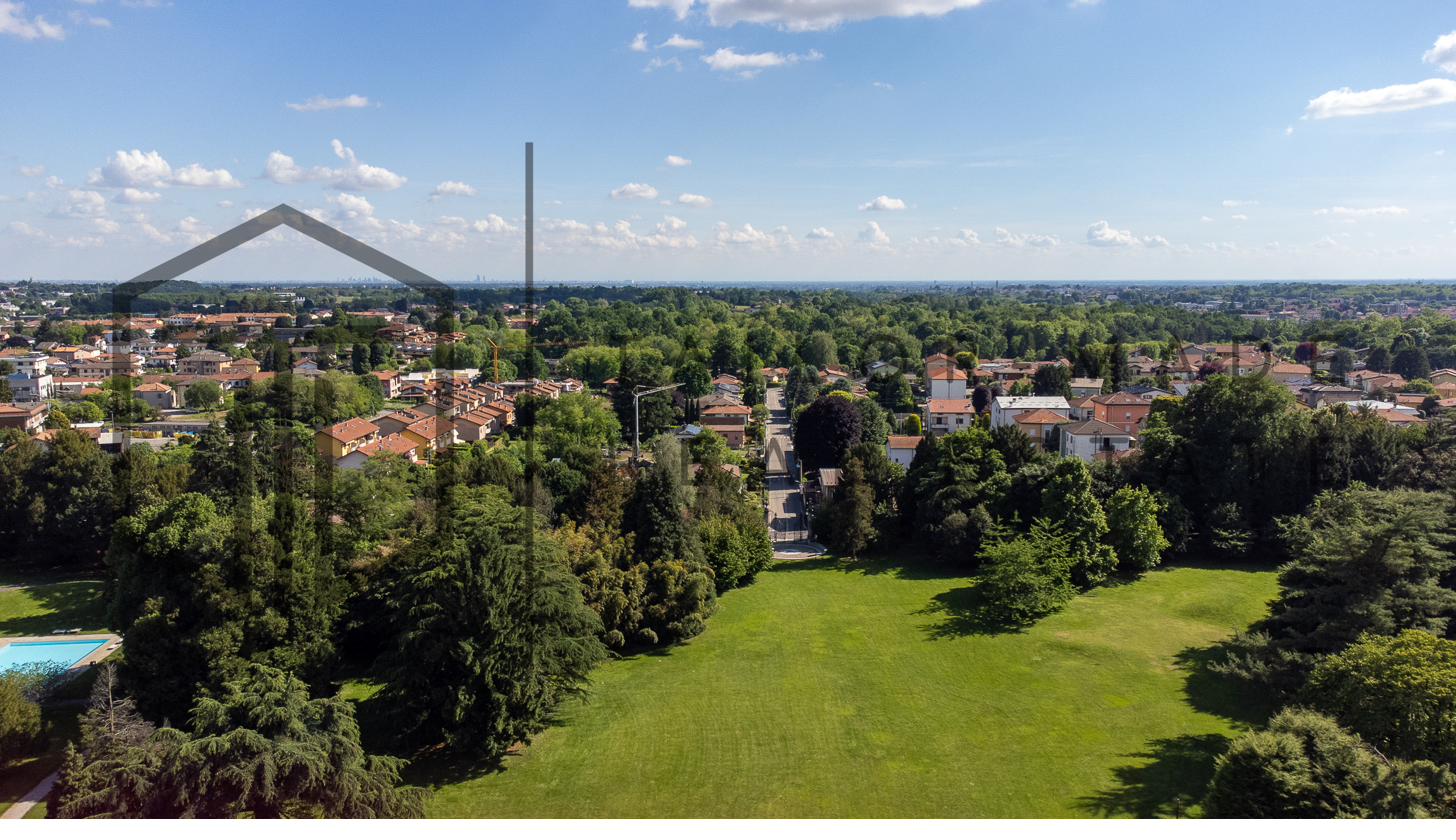 Vista aerea del parco condominiale con piscina e cedri