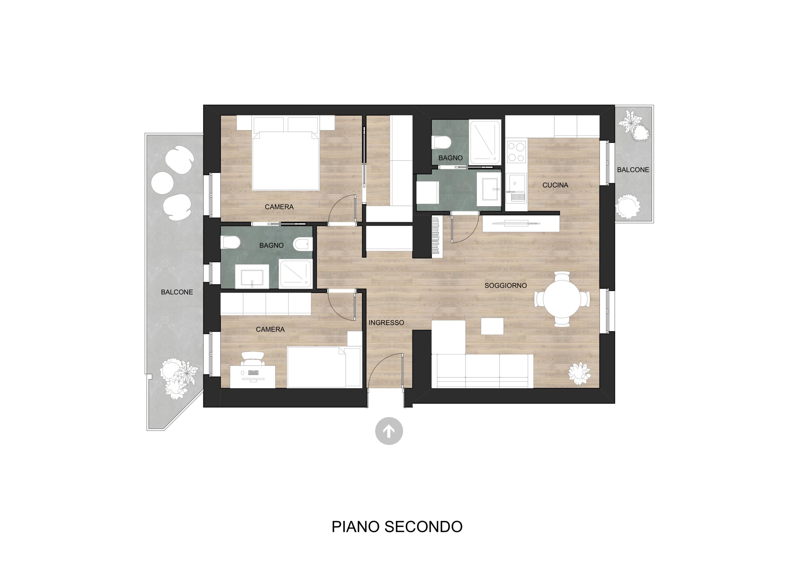 Layout arredato dell'appartamento, piano secondo